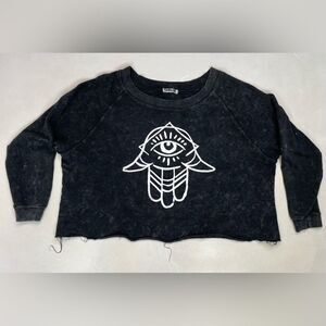 CHRLDR Cheerleader Crop Boatneck Sweatshirt Women Medium Black Acid Wash